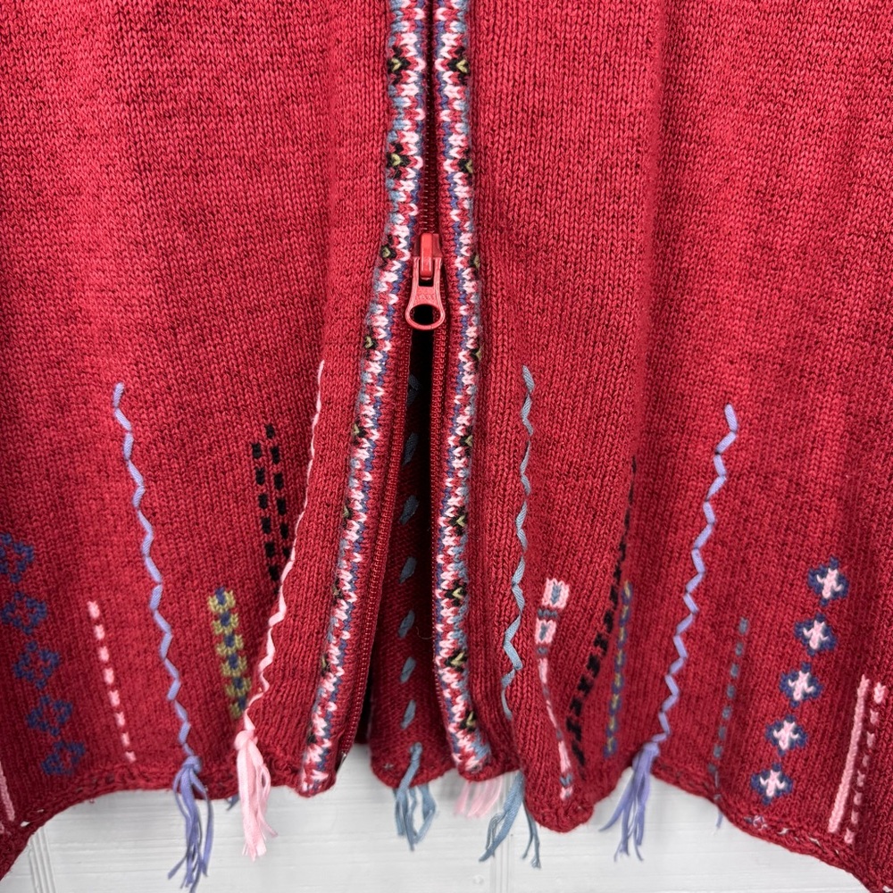 Icelandic Design Red Pattern Full Zip Sweater Fair Isle Tassel Accent Silk Blend - Picture 5 of 7